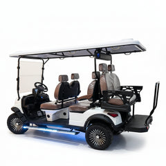 Side view of a white golf cart with brown seats