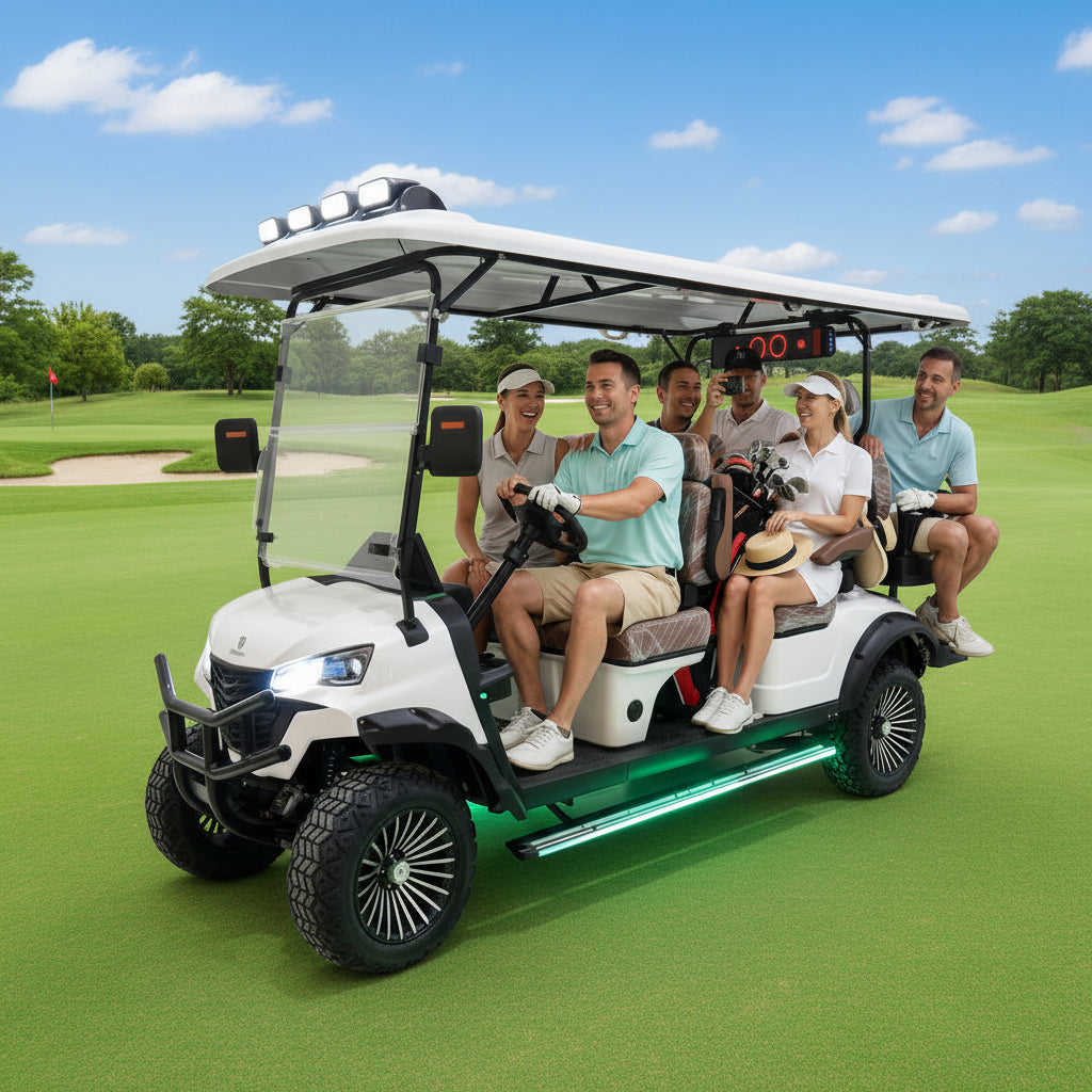 Group of people riding in a white golf cart on a golf course