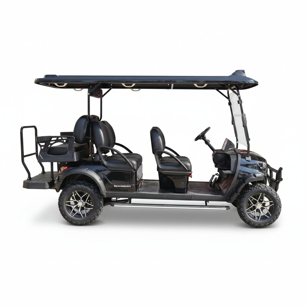 Black golf cart with 6 Black seats