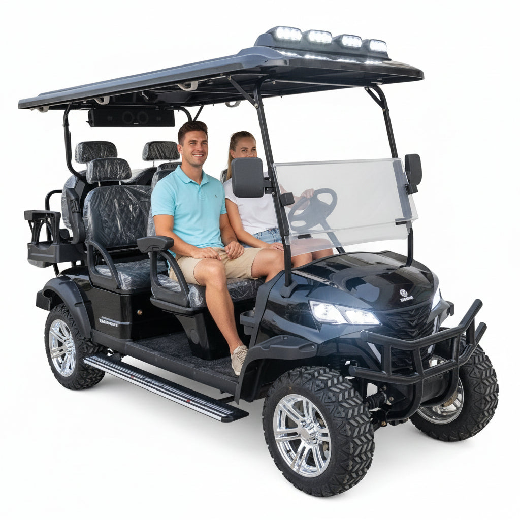 Two people sitting in a black 6-seater golf cart