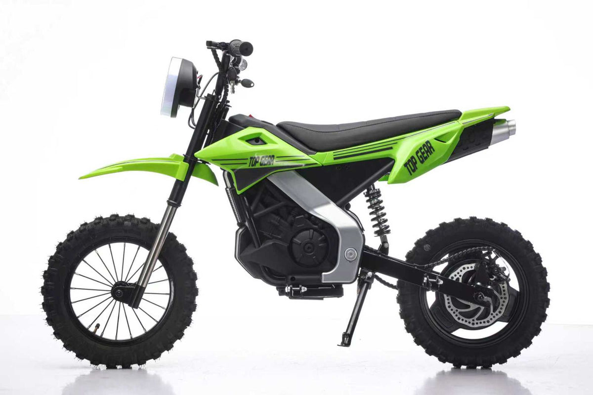 Side View of a Green dirt bike with a black seat