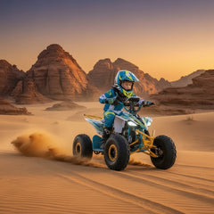 Child riding a quad bike in a desert landscape with mountains