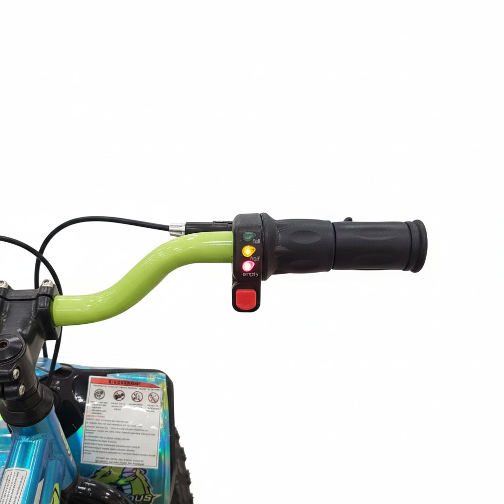 Close-up of a bicycle handlebar with green brake lever and control buttons