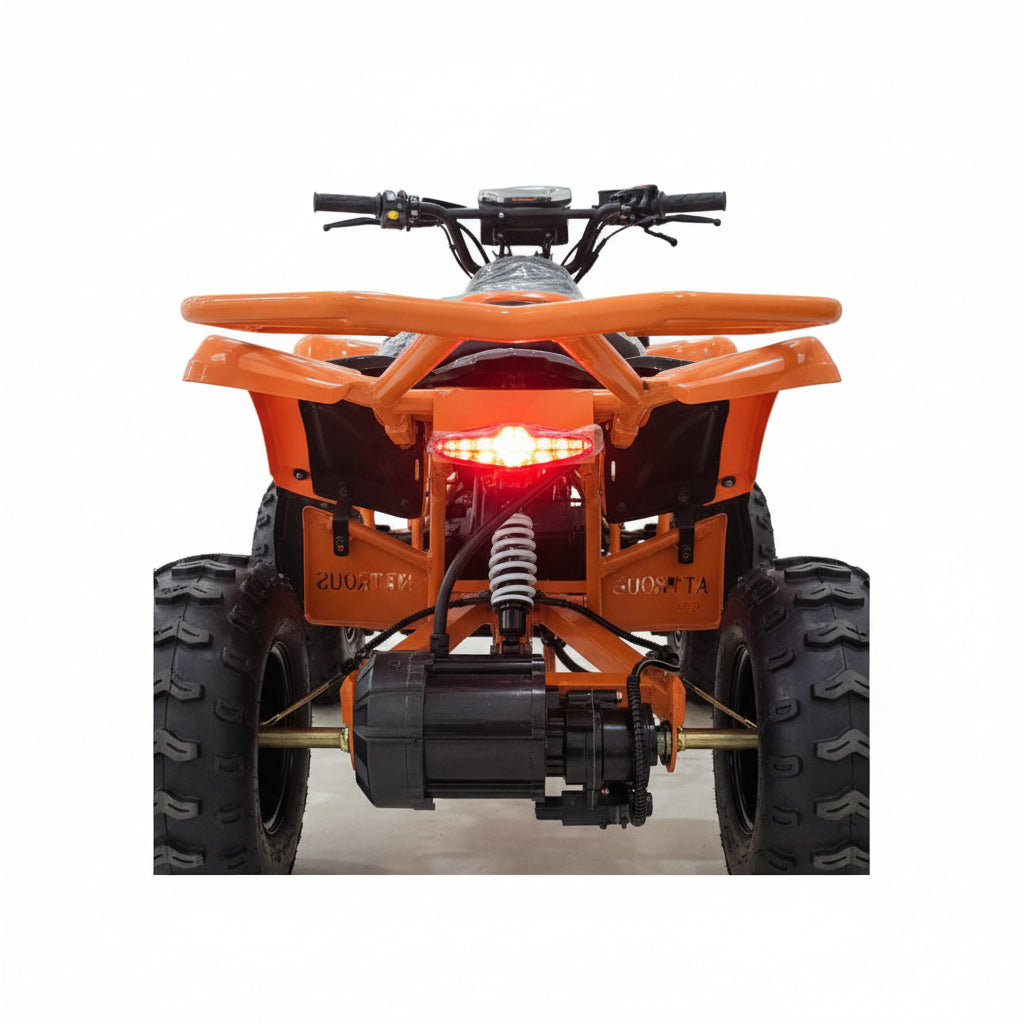Close-up of a red light on an orange Nitron Electric ATV Power Off Road Quad Bike