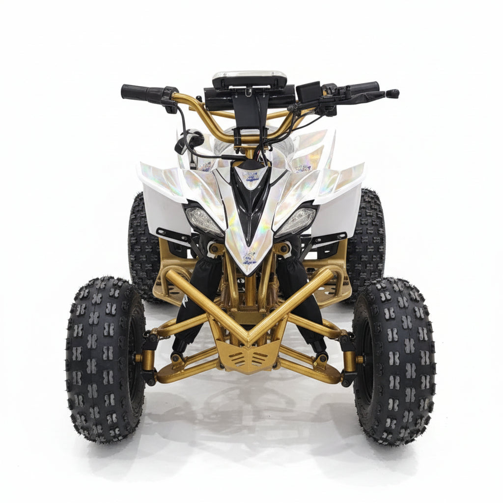Model of a four-wheeled vehicle with a gold frame and black tires