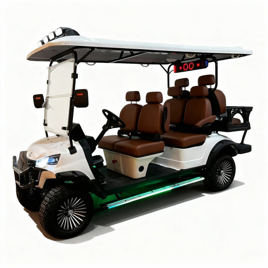 side view of White golf cart with 6 seats
