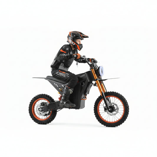 Person riding a black electric bike with orange accents