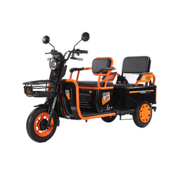Black and orange electric tricycle with two seats