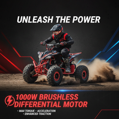 Person riding a red ATV Quad Bike with 1000 W Power Motor