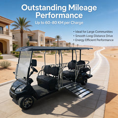 Electric golf cart on a road about mileage performance and features.