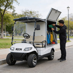 White golf cart with open storage compartment