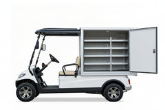 White golf cart with a cargo box