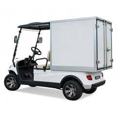 White golf cart with a cargo box