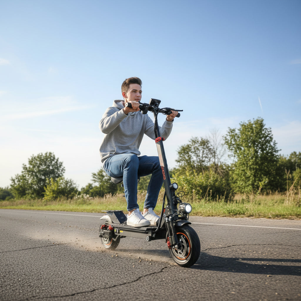 Person riding an Kugoo Electric Scooter 1200W, 54.6v 13AH Battery