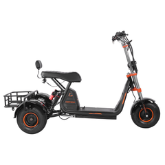 Black electric scooter with a seat and cargo basket