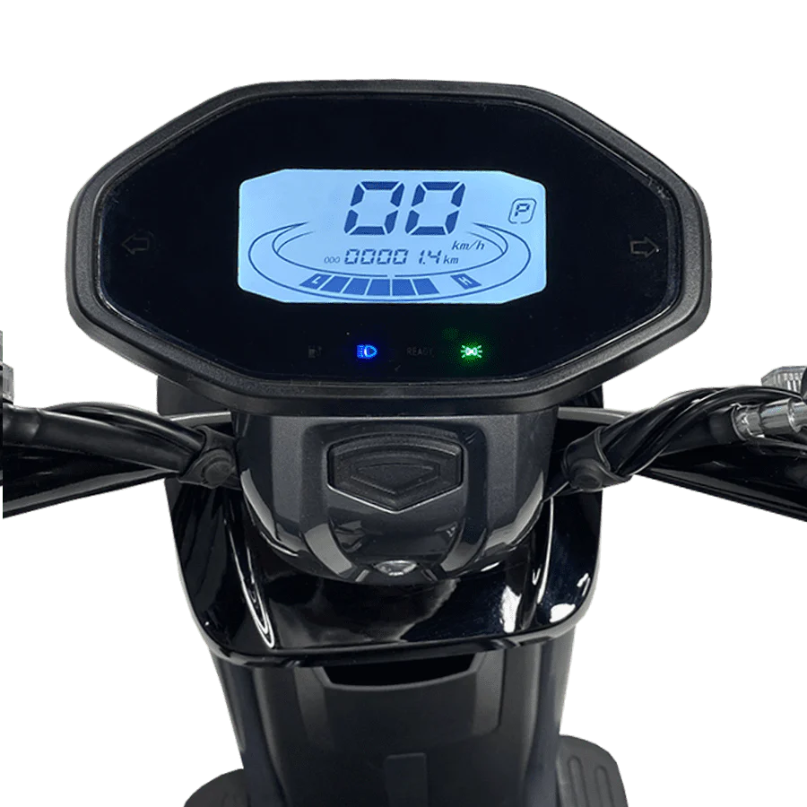 Close-up of a motorcycle handlebar with a digital display 