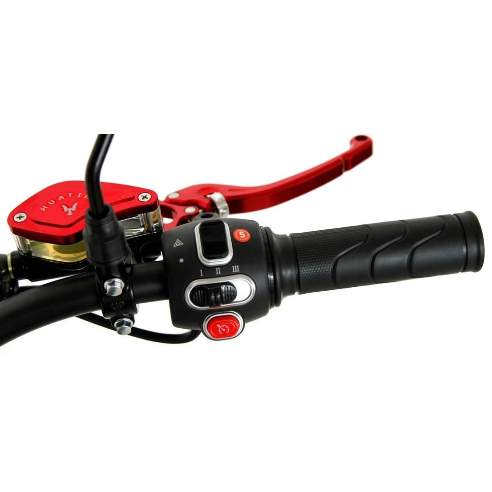Close-up of motorcycle handlebar controls with red levers