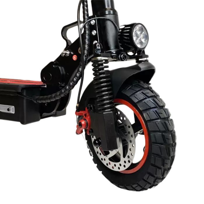 Close-up of an electric scooter's wheel and suspension system 