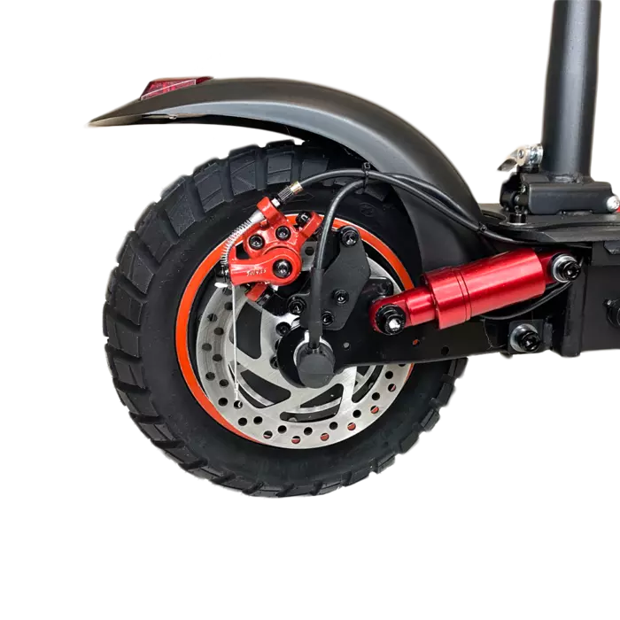 Close-up of a scooter wheel with red suspension fork 