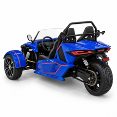 Spyder M4 electric 72 v Roadster sports car rear view showing three wheel design, dual sport seats, suspension and open cockpit