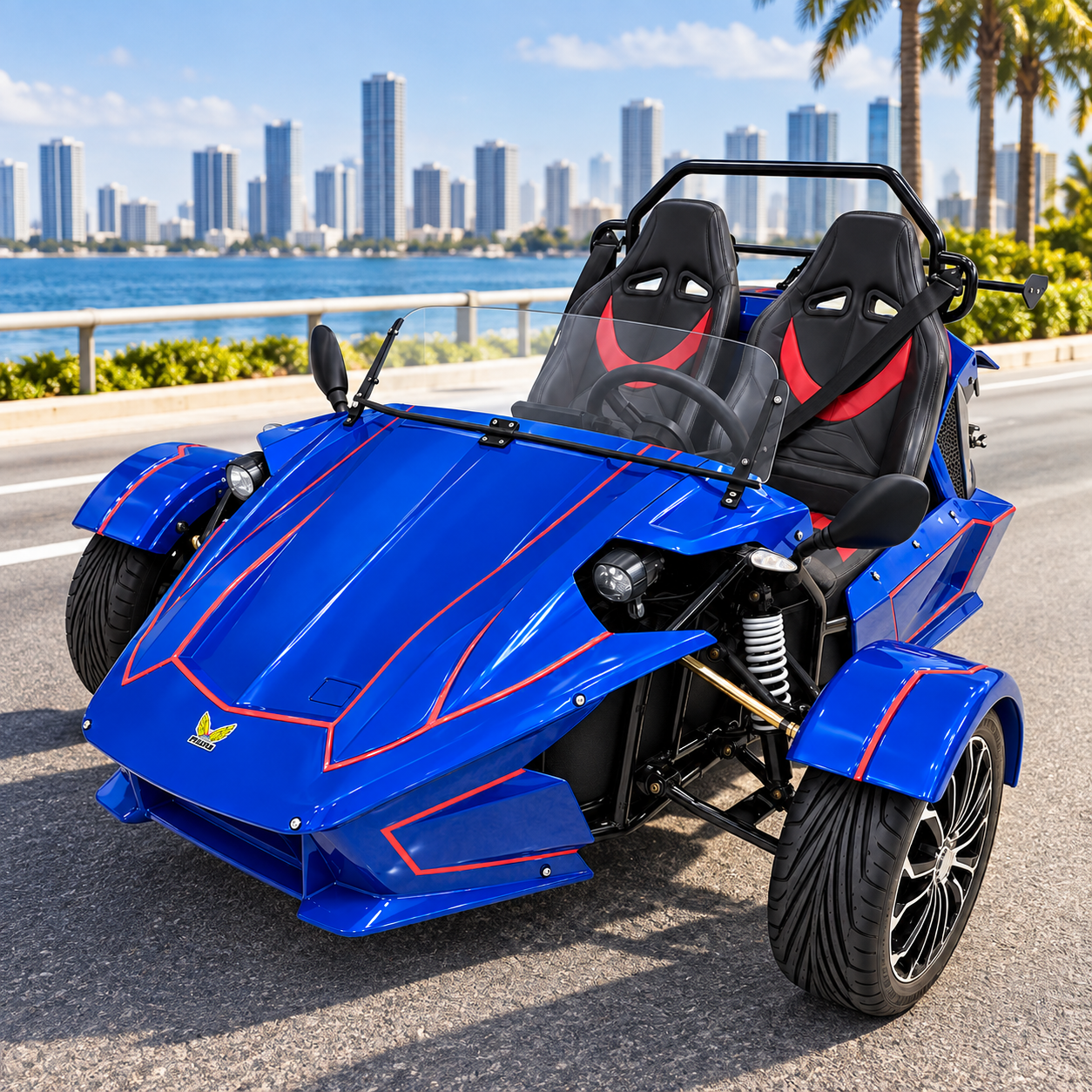 Megawheels Spyder M4  three wheel roadster with open cockpit and two seats in blue color