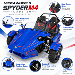 Megawheels Spyder M4 Roadster electric off road car features including dual sport seats, open cockpit, windshield, suspension and alloy wheels