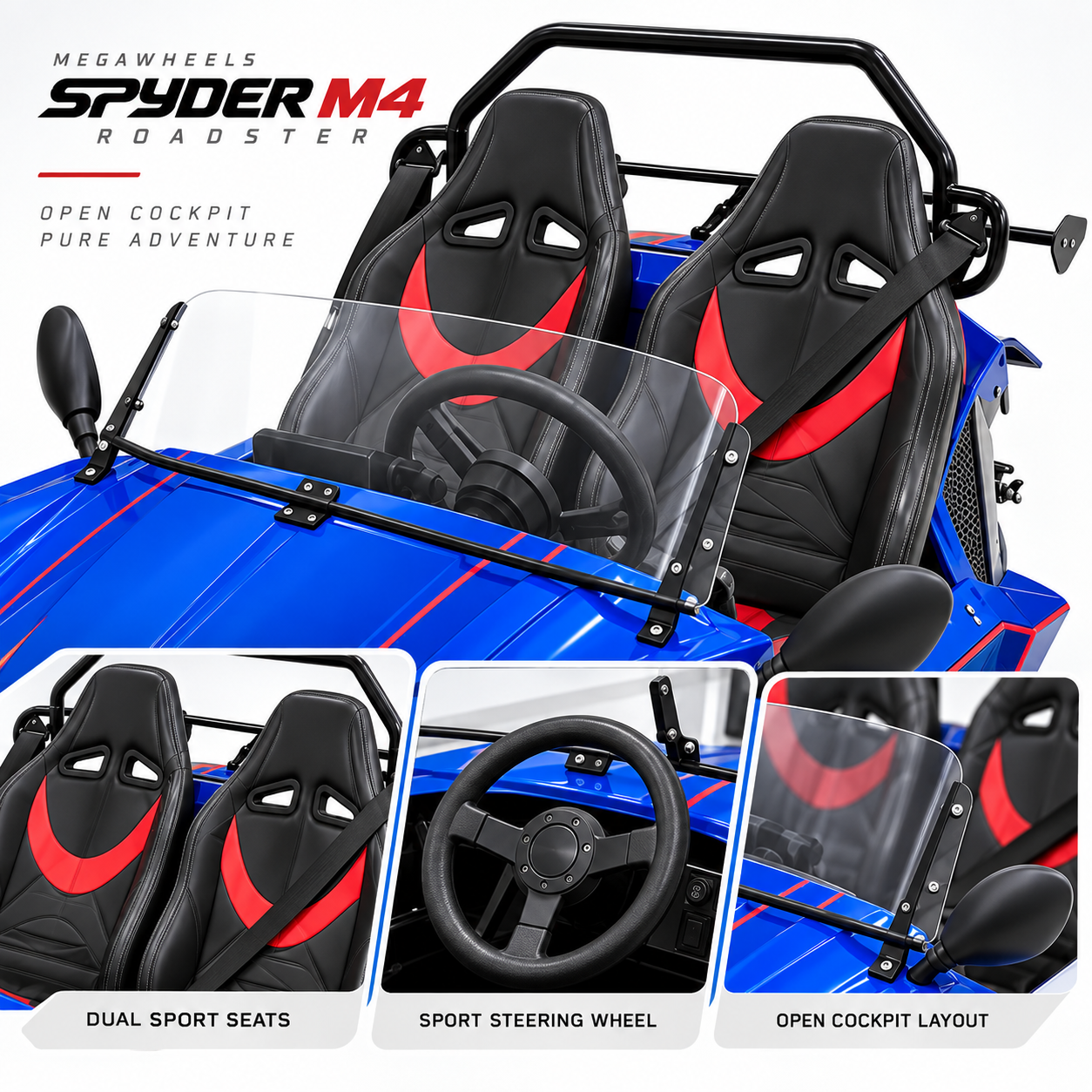 Megawheels Spyder 72 v lithium ion M4 Roadster  car cockpit with dual sport seats, steering wheel, windshield and open air driving layout