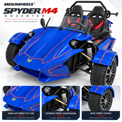 Megawheels Spyder M4 three wheel roadster trike high speed car showing angular front design, exposed suspension and wide alloy wheels