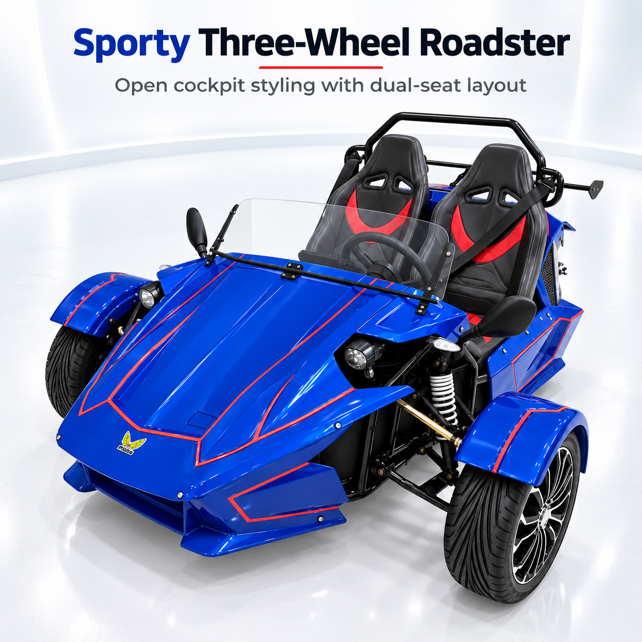 Megawheels 72 v electric Spyder M4 sporty three wheel roadster with blue body, red accents, dual seats and open cockpit design