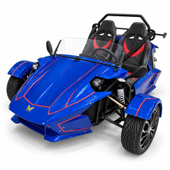 Megawheels Spyder M4 electric  Roadster Trike motorcycle blue color with three wheels sports car having dual seats and open cockpit
