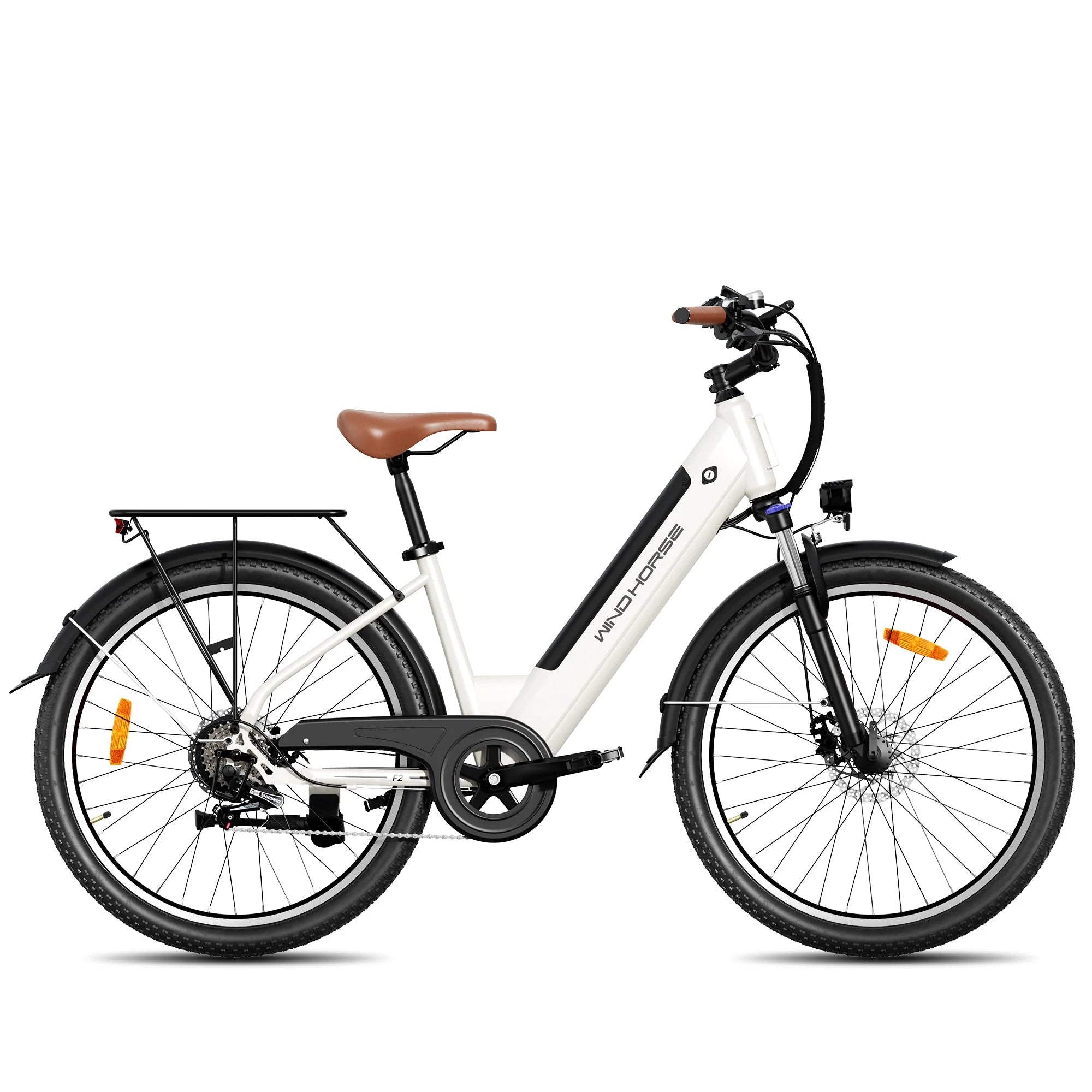 White WindHorse F2 Electric 36 v lightweight Bike  size 26' side angle on a white Background