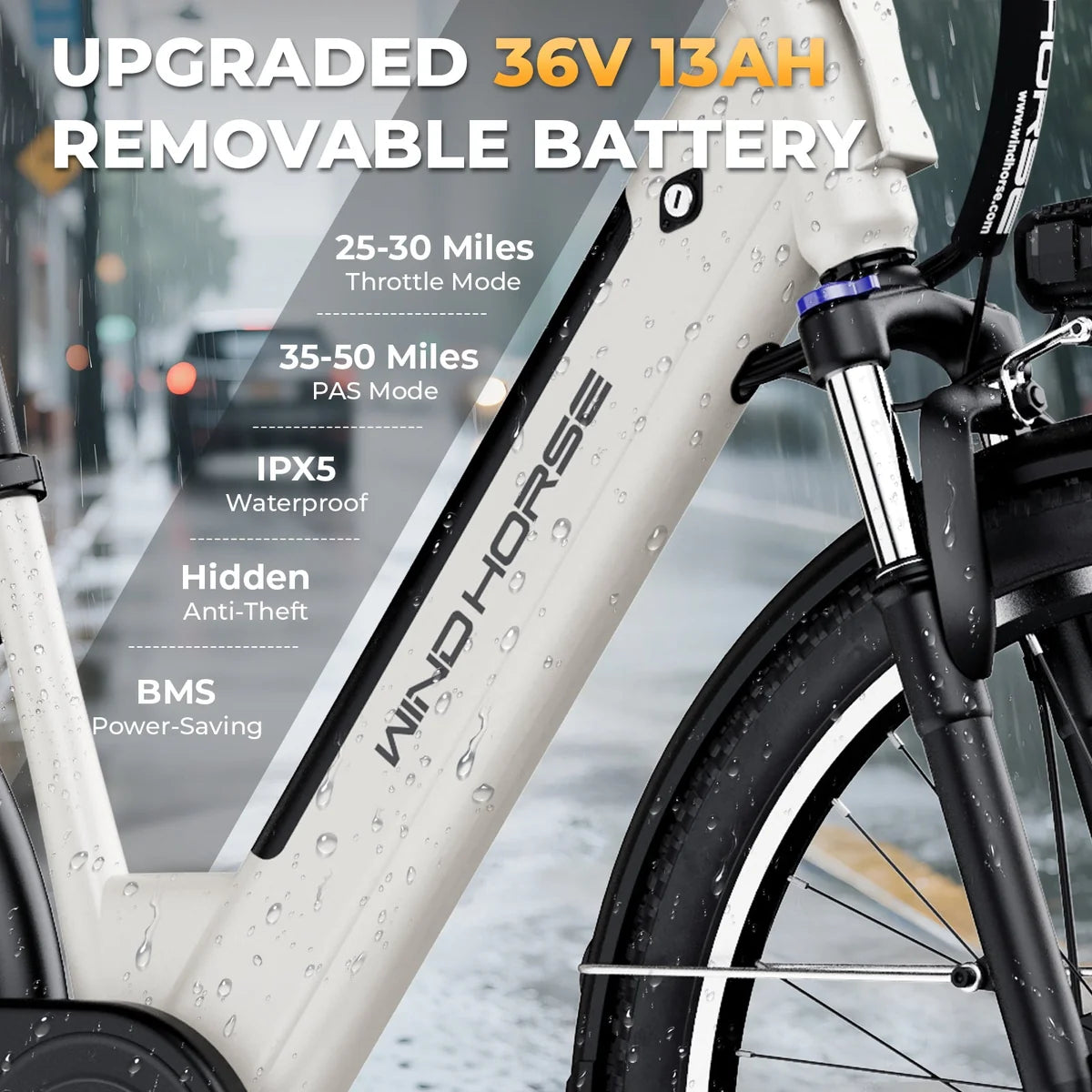 WindHorse F2 Electric Bike battery 36 v 13 mah showing suspension and shock ups
