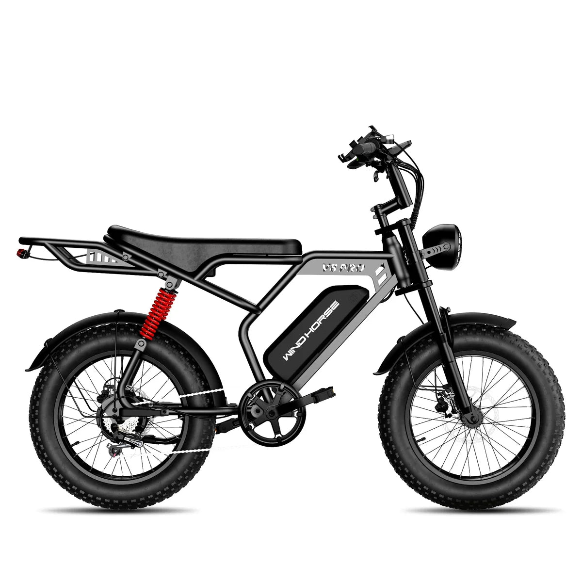 WindHorse V8 Pro 750W Fat Tire Electric Bike in black colour  side look on a white background