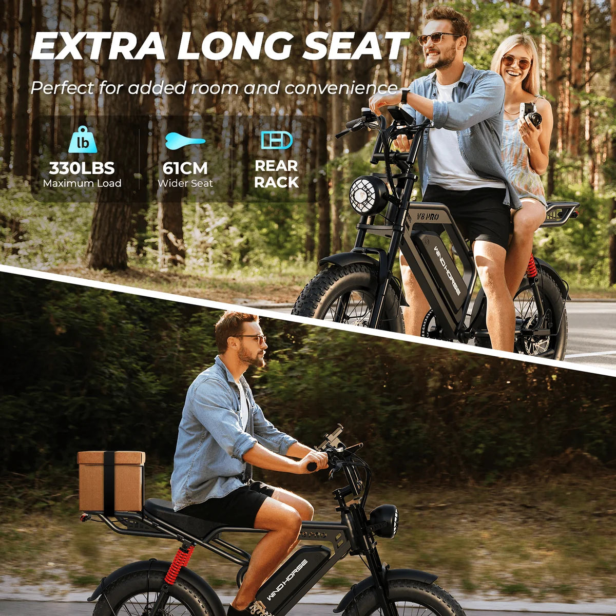 WindHorse V8 Pro 750W Fat Tire Electric Bike Extra long seat with back carriage